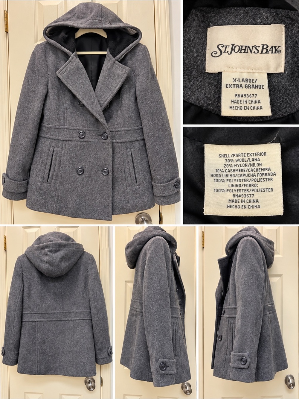 St. John’s Bay Gray Wool Cashmere Hooded Peacoat XL